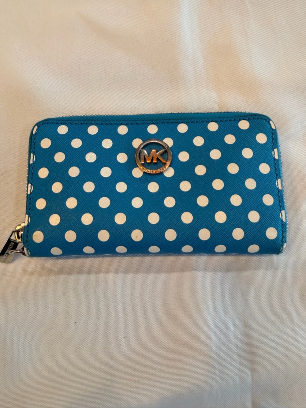 Michael Kors Blue and White Polka Dot Small Zip Wallet